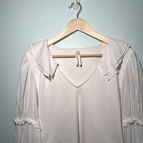 By Anthropologie Ruffled white Blouse Top Ribbed Long Sleeve L boho - Picture 4 of 8